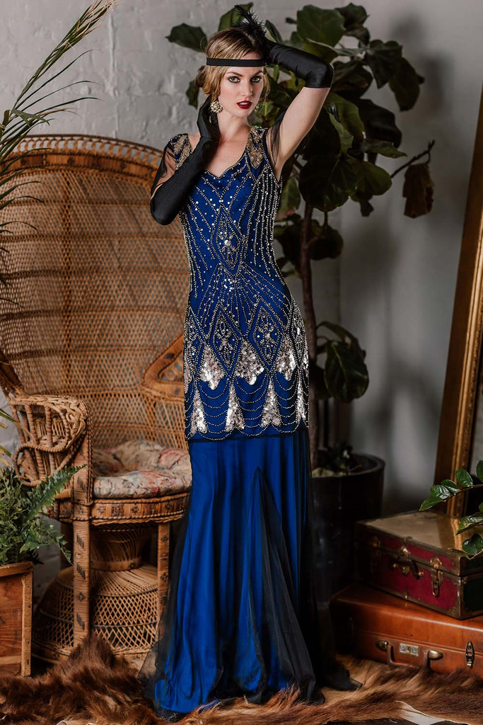 Blue 1920s Sequined Maxi Flapper Dress ...